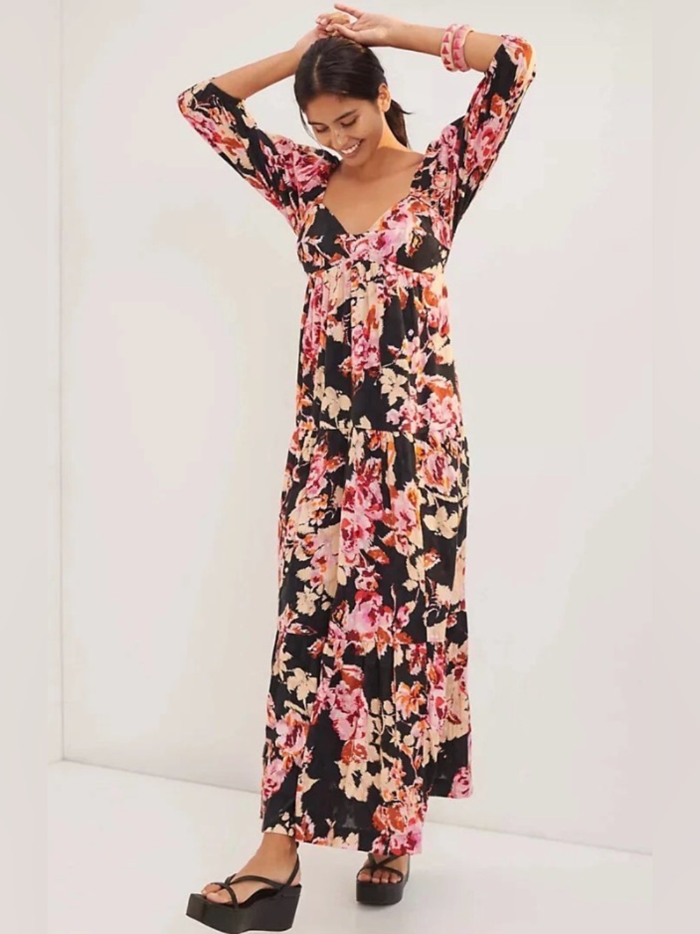 Anthropologie Black Maxi Dress with Pink & Cream Floral Print